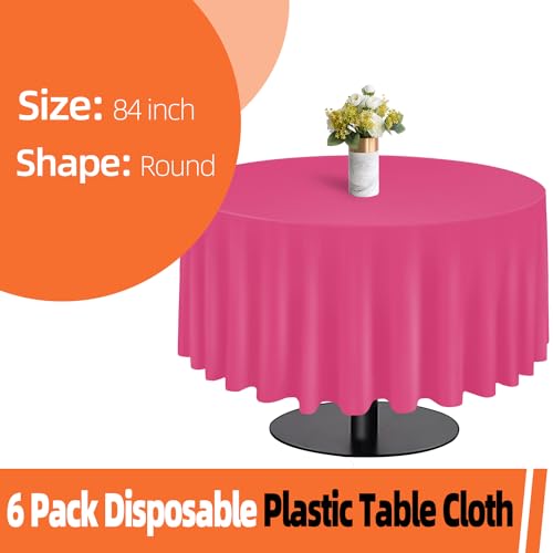 Image of tujol Hot Pink 6 Pack Plastic Table Cloth 84 inch, Disposable Round Tablecloth Table Cover, Plastic Tablecloths for Parties