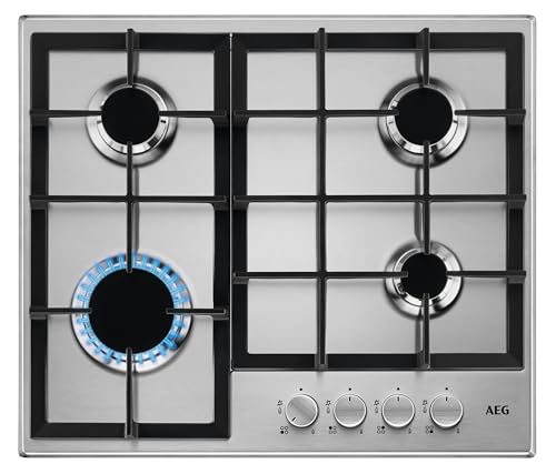 AEG 3000 Slim line Gas Hob 60cm, 4 Cooking Zones HGE64200SM, Cast Iron Pan Supports, Speed Burners, Integrated ignition, Automatic Gas Shut-off, 594x510mm, Stainless Steel
