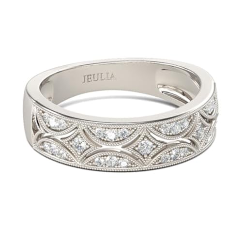 Jeulia 925 Sterling Silver Rings Milgrain Round Cut Womens Band Anniversary Promise Rings with Jewelry Box for Her Women ladiess (K-1/2) (Silver P-)