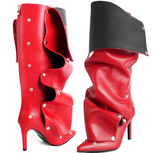 Image of Women's Knee High Shark Boots Pointed Toe High Heels Ruched Stiletto Slouchy Party Boots Detachable Snap-off Panel