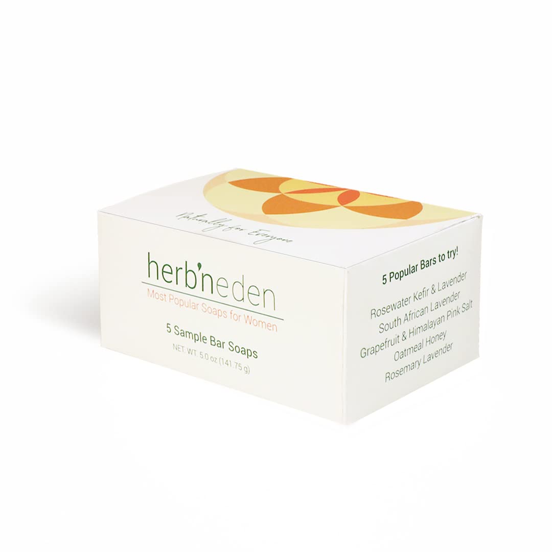 HERB'N EDENPack of 5 Soaps for Women | 100% Natural Ingredients | Essential Oils | Dry, Sensitive, Oily, Mature, Combo, Normal, Eczema, Psoriasis Skin | Face, Body, Yoni | 1oz Bar Samples