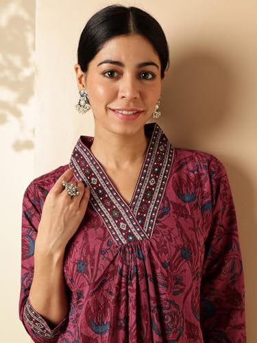 Image of Vbuyz Women Floral Print With Mirror Work Cotton Kurta Palazzo With Dupatta