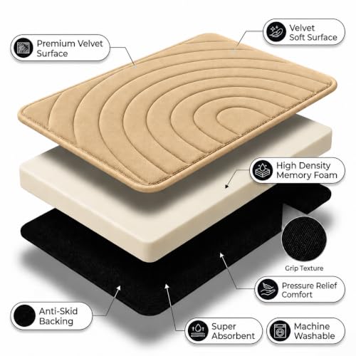 Image of Premium Memory Foam Bath Mat | 40x60cm Super Absorbent Velvet Bathroom Rug | Non-Slip Machine Washable Floor Mat (Sand Camel)