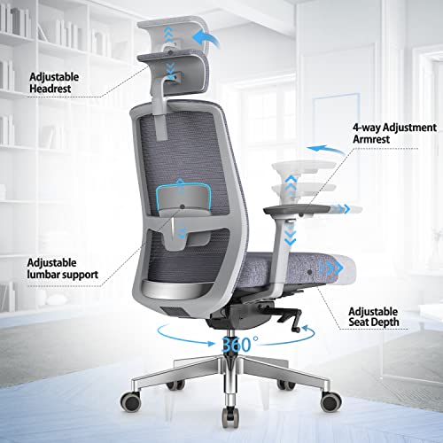 Duwinson Ergonomic Home Office Chair With 4-Way Adjustment Armrest, Mesh Computer Desk Chair, Reclining Adjustment Back Support, Adjustable Headrest, Padded Lumbar Support (Grey-UE)