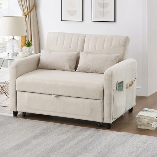 [Sofá cama con función de dormir] Sofá plegable de dos plazas, diseño simple y moderno, estilo contemporáneo, respaldo ajustable en 3 niveles, tela de lino de algodón transpirable (beige)