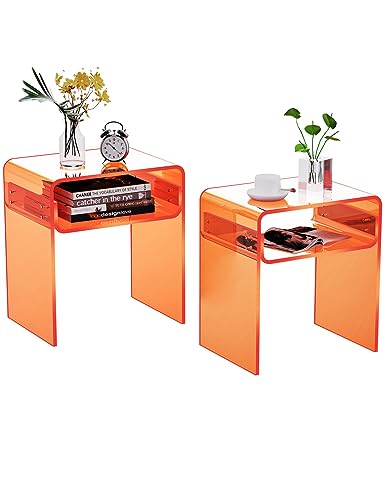 solaround Clear Acrylic End Table 2-Tier Bedside nightstand for Living Room Bedroom Home Decor (Orange Double)