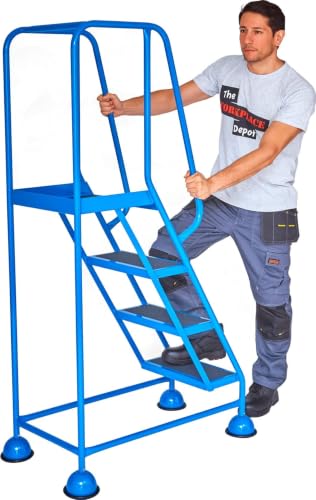 Image of Mobile Safety Steps with Handrail, Blue Steel Portable Warehouse Access Platform on Wheels with Spring Loaded Castors & Anti Slip Treads (4 Tread (Flat-Packed))