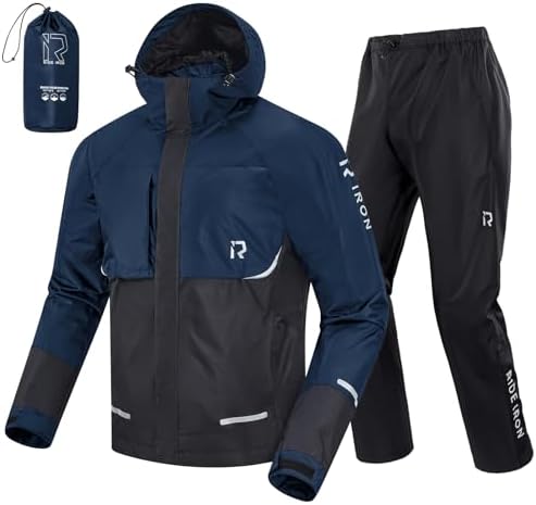 RIDEIRON Motorfiets-regenpak, 2-delig, 10.000 mm, waterdicht, ademend, winddicht, reflecterend, met capuchon, blauw, L
