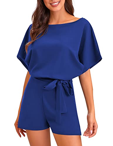 Vetinee Womens Royal Blue Summer Casual Belted Romper Keyhole Back Short Sleeve Jumpsuit Playsuit Medium #TOP3