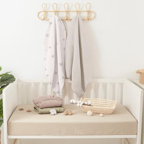 Image of Bearmoss Muslin Mini Crib Sheets for Pack N Play Mattress - 100% Cotton - 38 inchx26 inch Soft Breathable Playard Baby Crib Sheets Neutral for Boys Girls - 2 Pack (White Star)