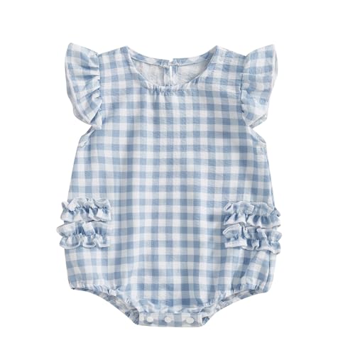 Kodaruber Cute Newborn Baby Girl Romper Plaid/Daisy Print Fly Sleeve Crew Neck Ruffle Bodysuit Spring Summer Clothes(Blue,0-3 Months)