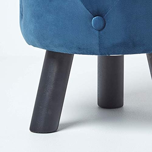 HOMESCAPES Navy Velvet Footstool on Wooden Legs 39 cm Tall On-Trend Style Quilted Pouffe Upholstered Tripod Stool with Button Design Hampton Style Multi-Functional Blue Round Ottoman Stool Seat