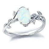 Opal Ring 925 Sterling Silver Oval Opal Ring for Women Leaf Promise Ring for Her Christmas Birthday Anniversary Jewelry Gifts for Women,Ring Size 7