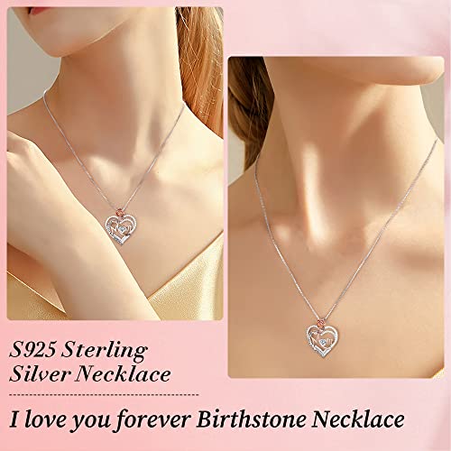 Moosea Mom Necklace From Daughter, Moissanite Side Stone S925 Sterling Silver Heart Birthstone Necklace Rose Double Heart Mothers Day Gifts For Mom Wife Daughter Grandma Birthday Gifts For Women #TOP4