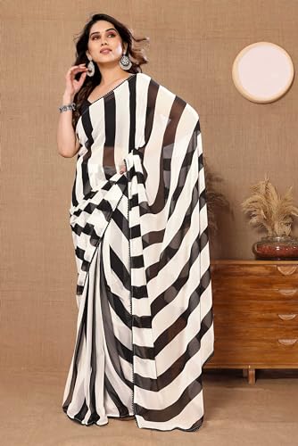 Image of Panzora Women's Georgette Printed Ready To Wear One Minute Saree With Unstitched Blouse Piece