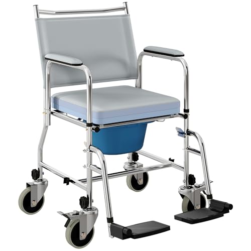 HOMCOM 3 in 1 Shower Commode Wheelchair with 4 Lockable Wheels, Bedside Commode Chair with Arms, Footrests, Detachable Bucket, for Senior & Handicap, 300lbs Capacity, Gray