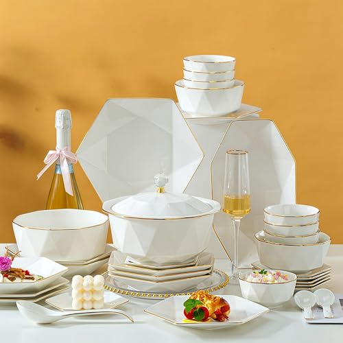 Top Porcelain China Dinnerware Set,Stoneware&Ceramic Dinnerware Sets, Ceramic Cookware Tableware Set Includes Dinner China Plates|Chinese Spoons|Pasta Bowls|Soup Pot|Chopsticks (33PCS * 6-Person Set)