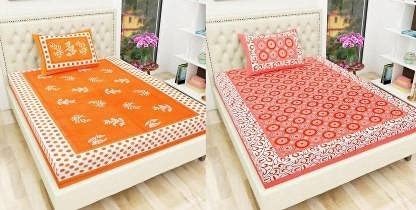 UNIBLISS 100% Cotton Rajasthani Jaipuri Combo Bedsheets Set of 2 Single Bedsheets with 2 Pillow Covers - 009