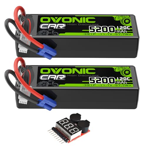 Image of OVONIC 3S LiPo Battery 11.1V 5200mAh 120C with EC5 Plug for RC Car RC Truck Airplane Helicopter Boat Car Racing RC Hobby (2 Packs)(with Lipo Voltage Checker)