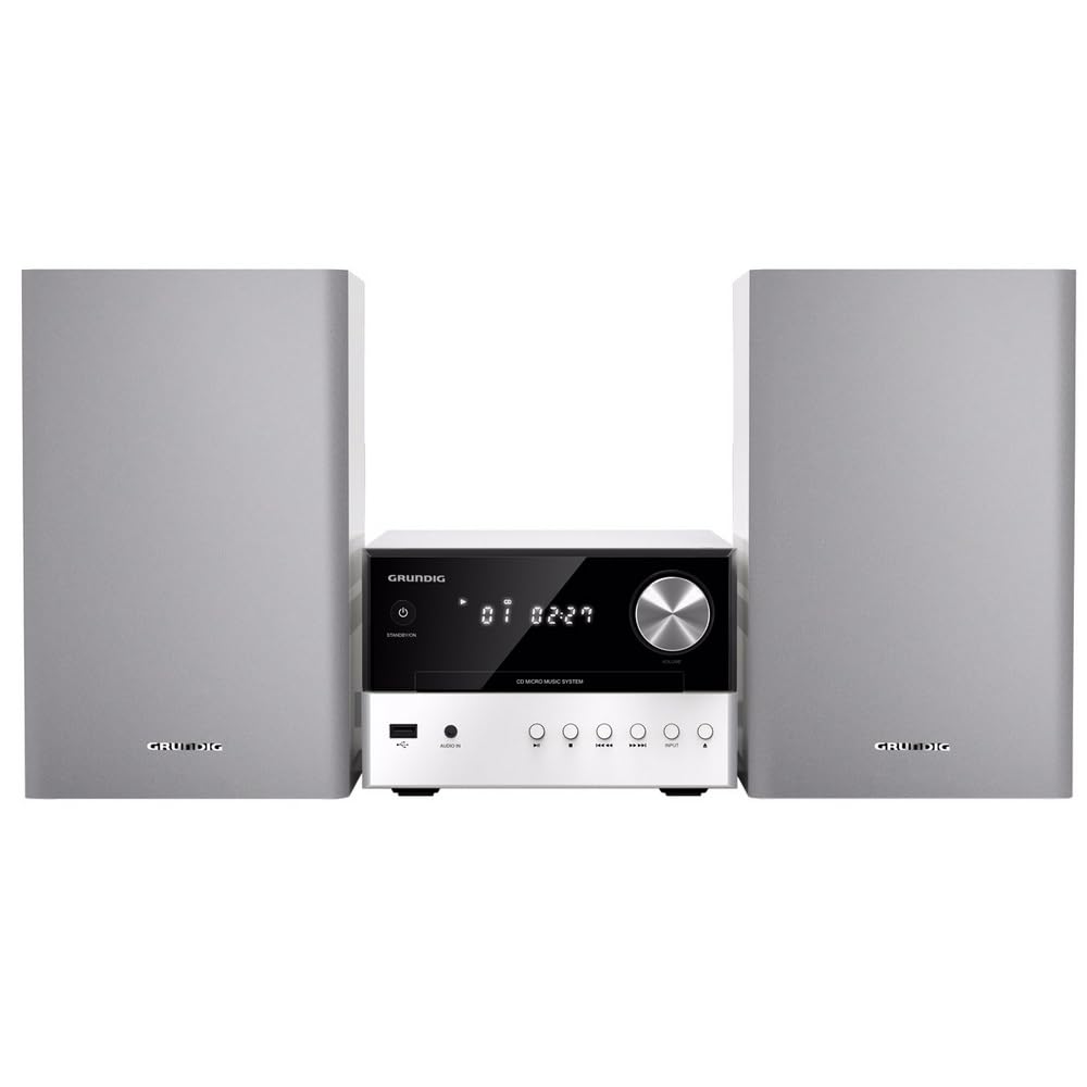 Grundig, Micro Anlage, Bluetooth, CD R/RW/USB Player, kompatibel mit MP3, digitaler FM-Tuner RDS & Dab+- Timer, 30 W RMS, schwarz und weiß, kompaktes und Elegantes Design
