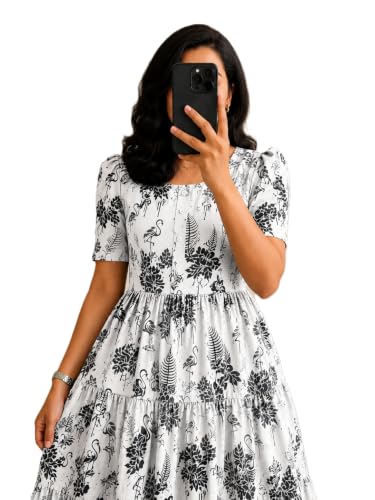 Image of Women's Rayon A-Line Midi Dress, Floral Print, Short Sleeves, Tiered Design, Round Neck, for Summer Wear