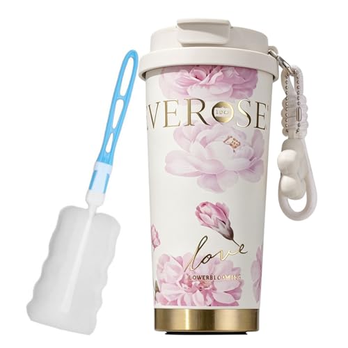 Image of Travel Mug 530ml/18oz Insulated Coffee Mug – Stainless Steel Leak-Proof Portable Coffee Cup with Hidden Straw – Perfect for Hot and Cold Drinks – Birthday Gifts – White Floral