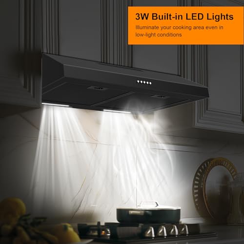 Upgraded 600 CFM Range Hood 30 inch, Black Under Cabinet Range Hood for Duct/Ductless Convertible, Stainless Steel Kitchen Stove Vent with 3 Speed Kitchen Exhaust Fan and Two Bright Energy-Saving LED