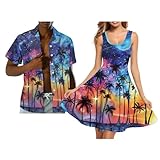 JOAIFO Hawaii Sunset Palm Tree Print Matching Couple Outfits Vocation Mens Shirts Sleeveless Formal Dress Soft Aloha Shirt Casual Dress Husband and Wife Clothes