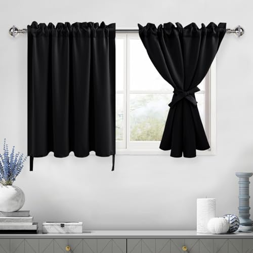 DWCN Black Blackout Curtains for Living Room, Short for Small Window, Thermal Bedroom, 30 Inch for Boys Room, Kitchen, Basement - 42 by 30 Inch, Black, 1 Pair