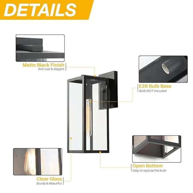 Black Outdoor Wall Lights, Modern Farmhouse Rectangular Outdoor Light Fixtures Wall Mount with Clear Glass, Waterproof Exterior Outdoor Sconce Lights for House, Porch, Patio, Front Door, Garage