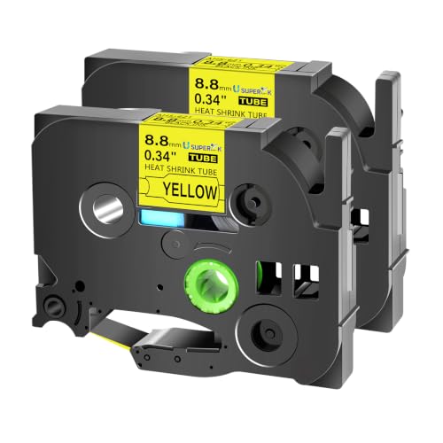 Image of USUPERINK 2PK Compatible for Ptouch HSe-621 HSe621 HS-621 HS621 Black on Yellow 8.8mm 0.34'' Heat Shrink Tubing for Wire Cable for PT-D400 PT-D400AD D450 D600 D600VP Label Maker Tape