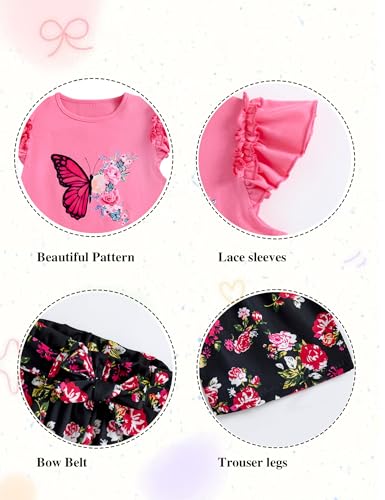 Image of mksodop Girls outfits 2-Piece ruffled short sleeve butterfly floral print high waist floral shorts girls summer clothes