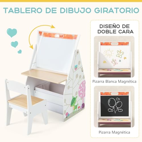 GOPLUS 4 en 1 Caballete y Estación de Juegos para Niños con Silla, Juego de Mesa y Silla para Niños con Pizarra Magnética y Pizarra Blanca Giratoria de Doble Cara, 50 x 50 x 85 cm (Blanco) - imagen 3