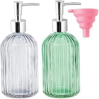 2 Pack Glass Soap Dispenser Bottle with Pump 14 Oz Refillable Liquid Hand Jar Dispenser Washing Up Liquid Dispenser for Bathroom Kitchen Sink(Transparent&Green)
