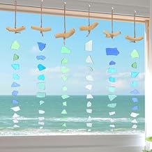 Weysat 6 Pcs Sea Glass Wind Chimes for Outside, Beach Gifts Coastal Decor Wind Chimes with Wooden Hanger, Boho Gifts for Mom Women, Hanging Beachy Decor for Home Wall Outdoor Garden Decorations