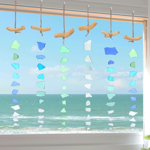 Weysat 6 Pcs Sea Glass Wind Chimes for Outside, Beach Gifts Coastal Decor Wind Chimes with Wooden Hanger, Boho Gifts for Mom Women, Hanging Beachy Decor for Home Wall Outdoor Garden Decorations