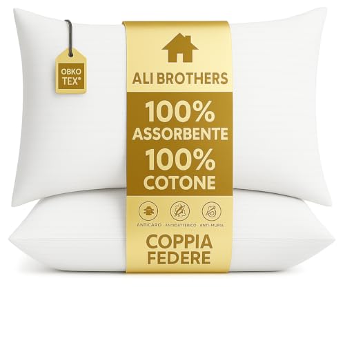 Coppia di Federe 100% Puro Cotone, Set di 2 Tessuti per Cuscino Letto Made in Italy, Chiusura a Zip, Tinta Unita, Misura Standard 52x82CM 100% cotone- Copricuscino -Set di 2 Federe IN 100% Cotone-