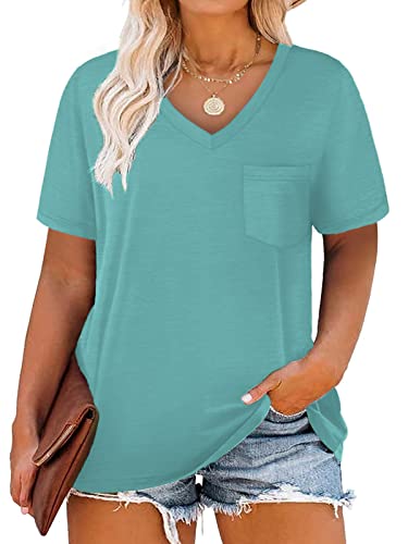 Womens Plus Size Tops V-Neck Summer Shirts Short Sleeve Tees Teal Blue 20W