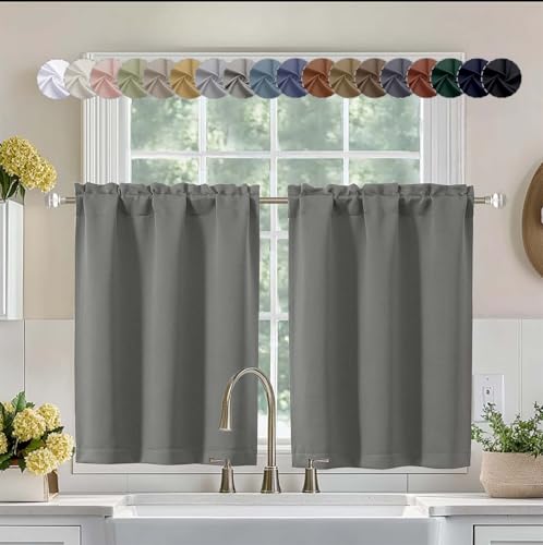 Image of Aiyufeng Light Grey Short 36 Inches Blackout Curtain 2 Panels Set, Half Window Rod Pocket Privacy Curtain Tiers for Kitchen, Curtains Blackout for Bathroom Shades, W40 x L36 Inch, Light Grey