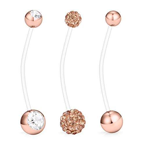 Hoeudjo 14G 1 1/2 Inch CZ Sports Pregnancy Maternity Flexible Bioplast Long Belly Button Rings Navel Retainer Body Piercing Set of 3 Rose Gold by Hoeudjo - Used condition - Image 2