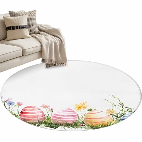 3ft Round Rug,Traditional Striped Easter Egg Washable Area Rugs Non-Slip
