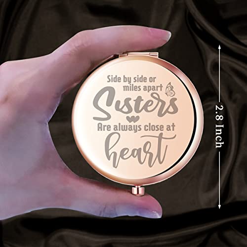 Z-Crange Gifts For Sister,Side By Side Or Miles Apart Sisters Are Always Close At Heart Rose Gold Compact Mirror For Sister,Unique Graduate Birthday Gifts For Sister From Sister Brother #TOP1