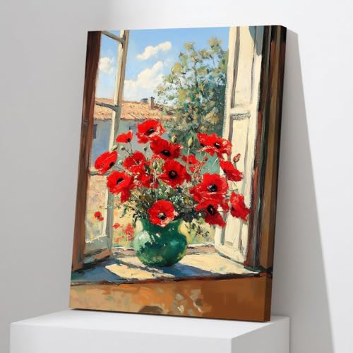 PBXBJY Red Poppy Wall Art Vintage Floral Wall Decor Poppies Canvas Farmhouse Flower Pictures Rustic Floral Painting Print Country Bedroom Bathroom Decor Framed (12.00" x 18.00")