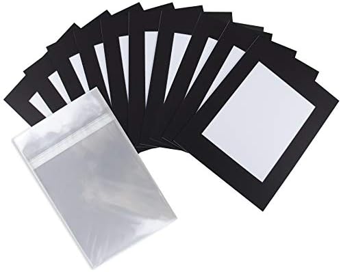 Golden State Art, 10 Pack Acid-Free Cardboard Frames, 11x14 Slip in Mats Pre-Adhesive Mat Board for 8x10 Photos, Paper Frames for Picture Holder, Includes 10 Clear Bags, Dark Black