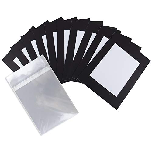 Golden State Art, 10 Pack Acid-Free Cardboard Frames, 11X14 Slip In Mats Pre-Adhesive Mat Board For 8X10 Photos, Paper Frames For Picture Holder, Includes 10 Clear Bags, Dark Black #TOP2