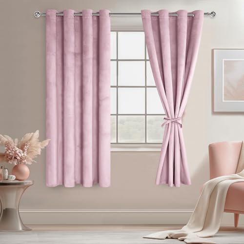 JIUZHEN Pink Velvet Curtains 72 inches for Living Room - Privacy Protect Room Darkening Grommet Thick Velvet Window Drapes for Bedroom, Set of 2 with Tiebacks, 52W x 72L