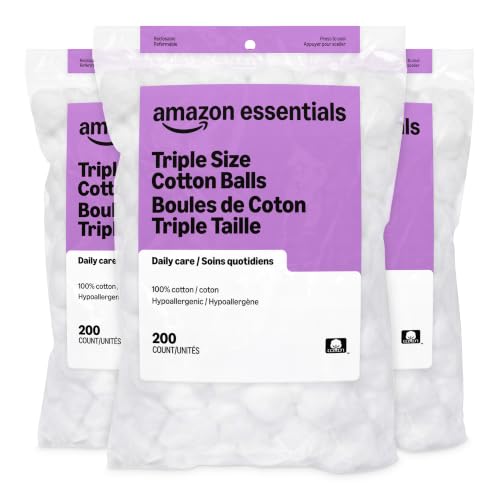 Amazon Basics Cotton Balls, Makeup Remover, Multi-Purpose Use, Baby Care, 600 Count (3 Packs of 200) (Previously Solimo)