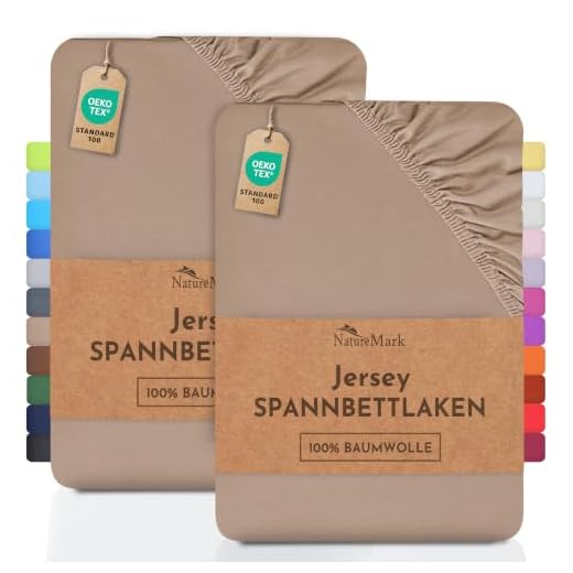 NatureMark 2er Pack Jersey Spannbettlaken, Spannbetttuch 100% Baumwolle in vielen Größen und Farben MARKENQUALITÄT ÖKOTEX Standard 100 | 90 x 200 cm - 100 x 200 cm - Sand/beige