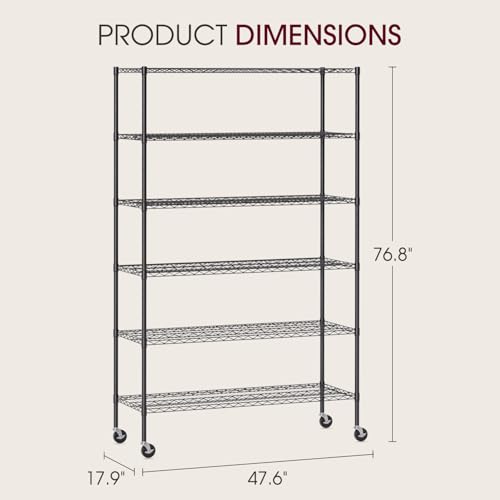 Image of BestOffice | 6-Tier Wire Storage Shelves with Wheels | 48x18x77 | Black | Adjustable Racks | Heavy-Duty Metal Shelf, Holds Upto 600 lbs | No-Tool Assembly | Ideal for Home & Garage Shelving