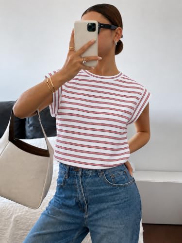 Image of Jawdrobe Women's Striped Western Top Round Neck Cap Sleeve T-Shirt for Women